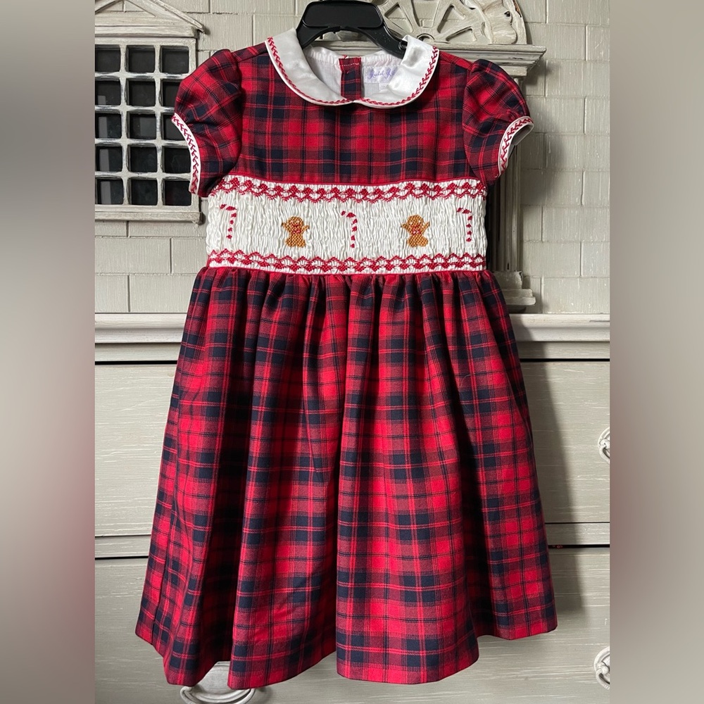 Rachel Riley Girls Gingerbread Tartan Puff Sleeve Smocked Holiday Dress, Red - Picture 6 of 15